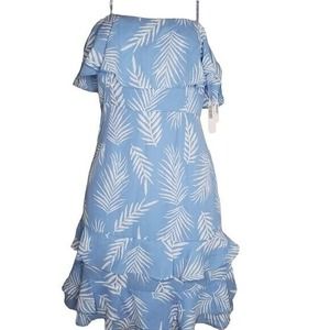 AQUA Tiered Ruffle‎ Dress Palm Print Sleeveless Light Blue White Women SZ XS NEW